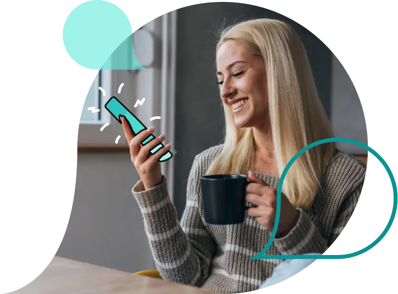 Woman smiling while using phone for online psychology session